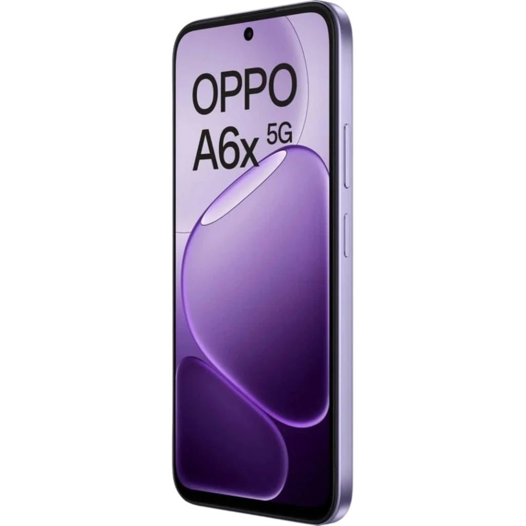 OPPO A6X 5G 256 GB Lila con pantalla amplia de bordes finos, cámara frontal en orificio centrado y marco lateral delgado en tono lila brillante