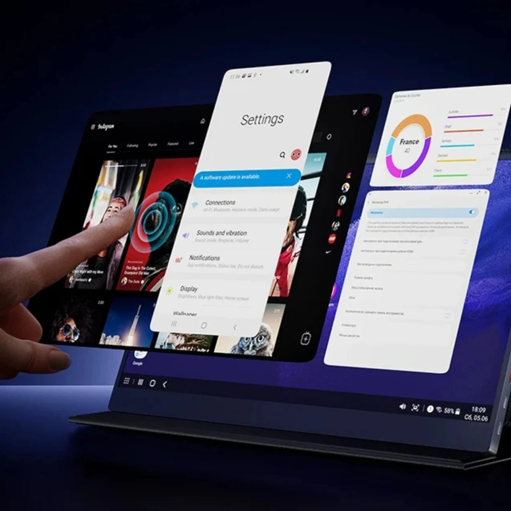 Uperfect USetup E7 Monitor Portátil 15.6" Full HD táctil, panel IPS 60 Hz. Pantalla sin marcos aparentes, soporte tipo funda y uso multitarea con gestos