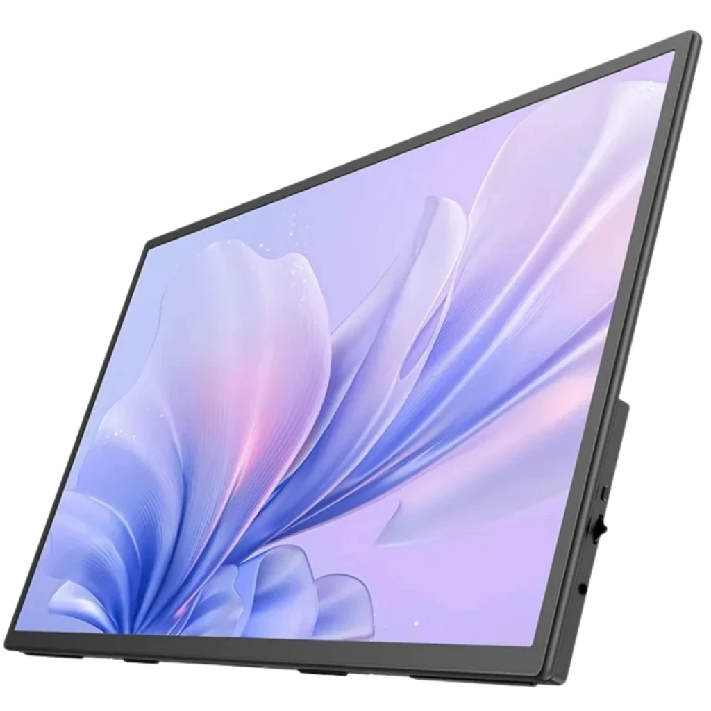 Uperfect UMax21 Monitor 21,5" Full HD táctil 120 Hz IPS con biseles finos, panel delgado en ángulo y botones laterales; pantalla brillante con fondo floral
