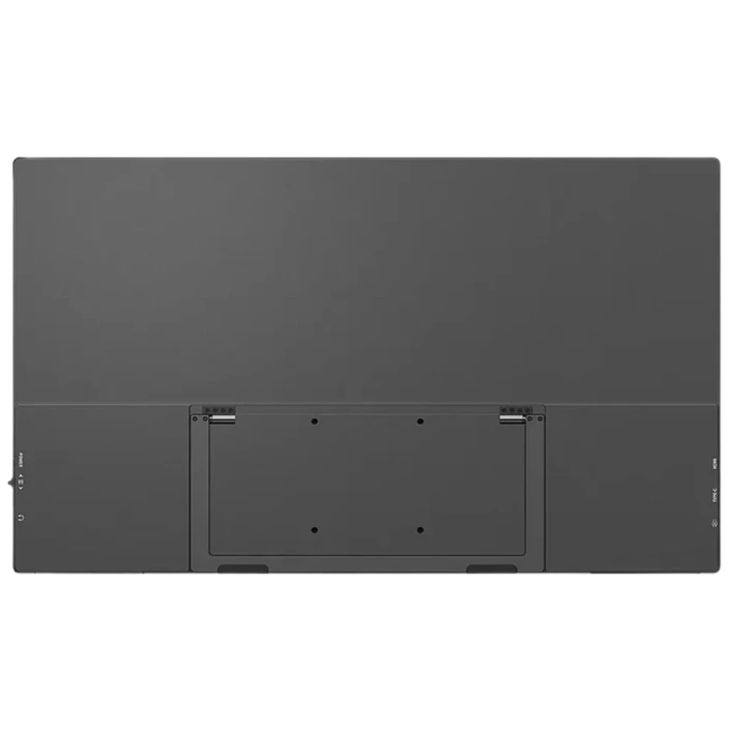 Parte trasera del Uperfect UMax21 Monitor 21,5" Full HD Táctil 120 Hz IPS con panel liso gris oscuro, soporte VESA central y puertos laterales señalados