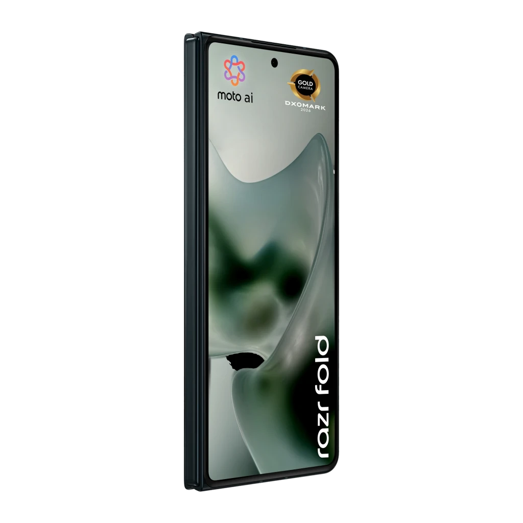 Motorola Razr Fold 5G negro con pantalla pOLED 8,09 pulgadas, borde delgado, cámara frontal en orificio, logotipos moto ai y DXOMARK Gold visibles
