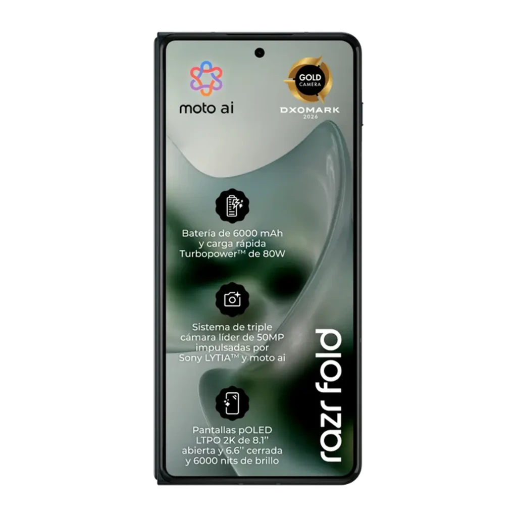 Motorola Razr Fold 5G negro con pantalla pOLED 8,09 pulgadas, bisagra central, cámara frontal perforada y bordes delgados; diseño plegable premium