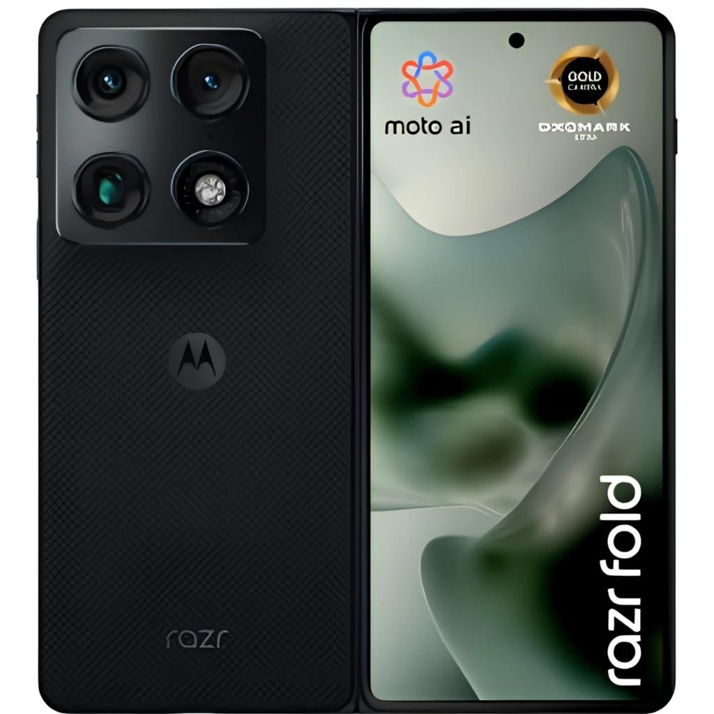 Motorola Razr Fold 5G negro con pantalla pOLED 8,09", módulo triple de cámaras traseras, selfie perforada centrada, logo moto ai y texto razr fold en frontal