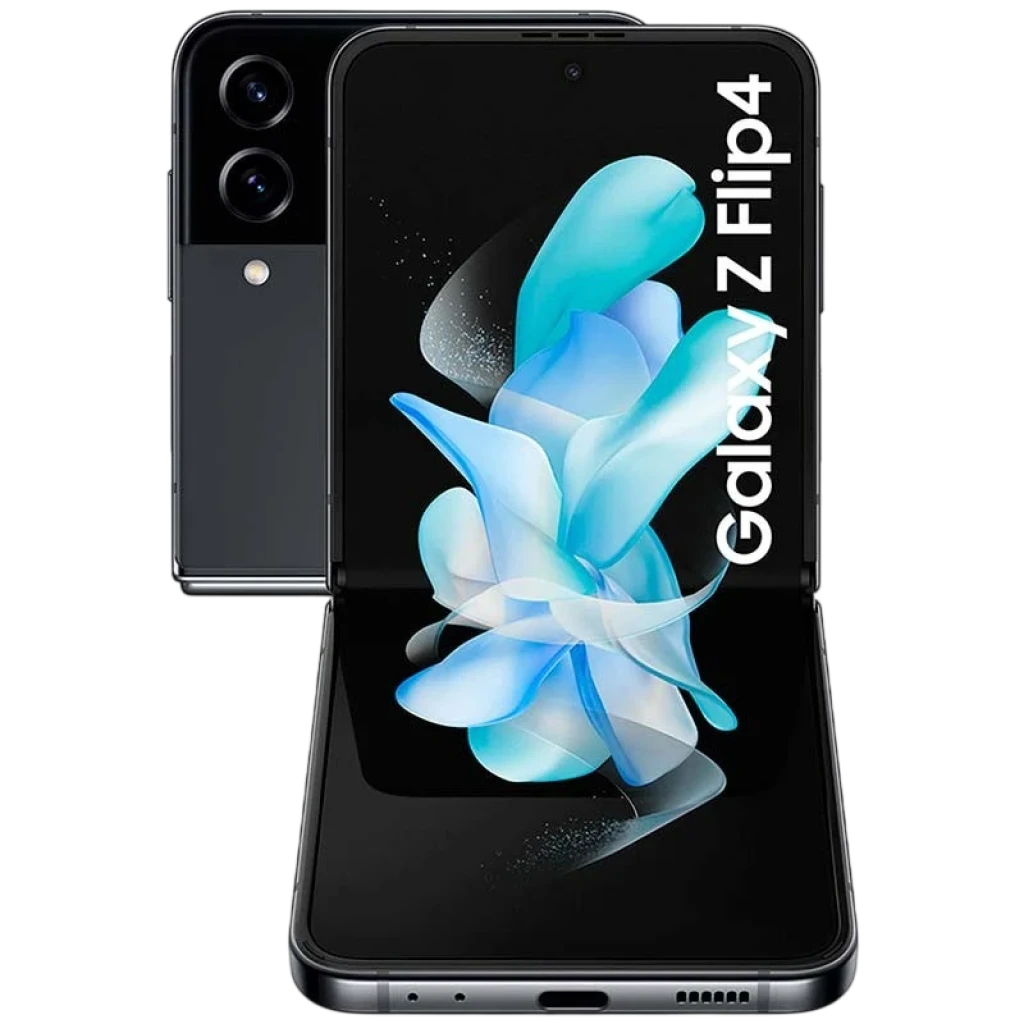 Samsung Galaxy Z Flip4 5G 128GB negro reacondicionado en buen estado, diseño plegable con doble cámara trasera y pantalla interna amplia sin biseles