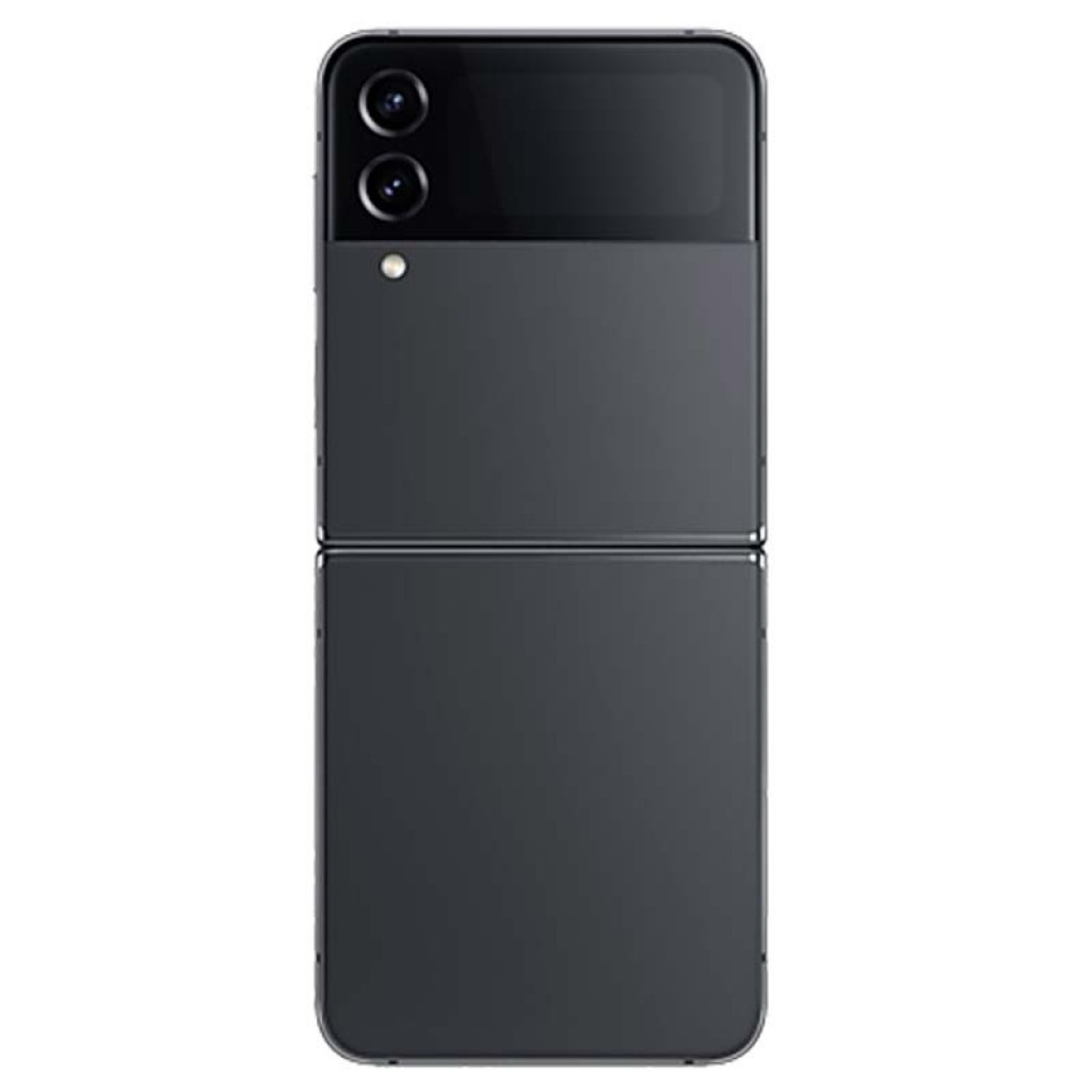 Smartphone plegable negro con doble cámara trasera vertical y flash, bisagra central visible y acabado brillante. Modelo Samsung Galaxy Z Flip4 5G 128GB.