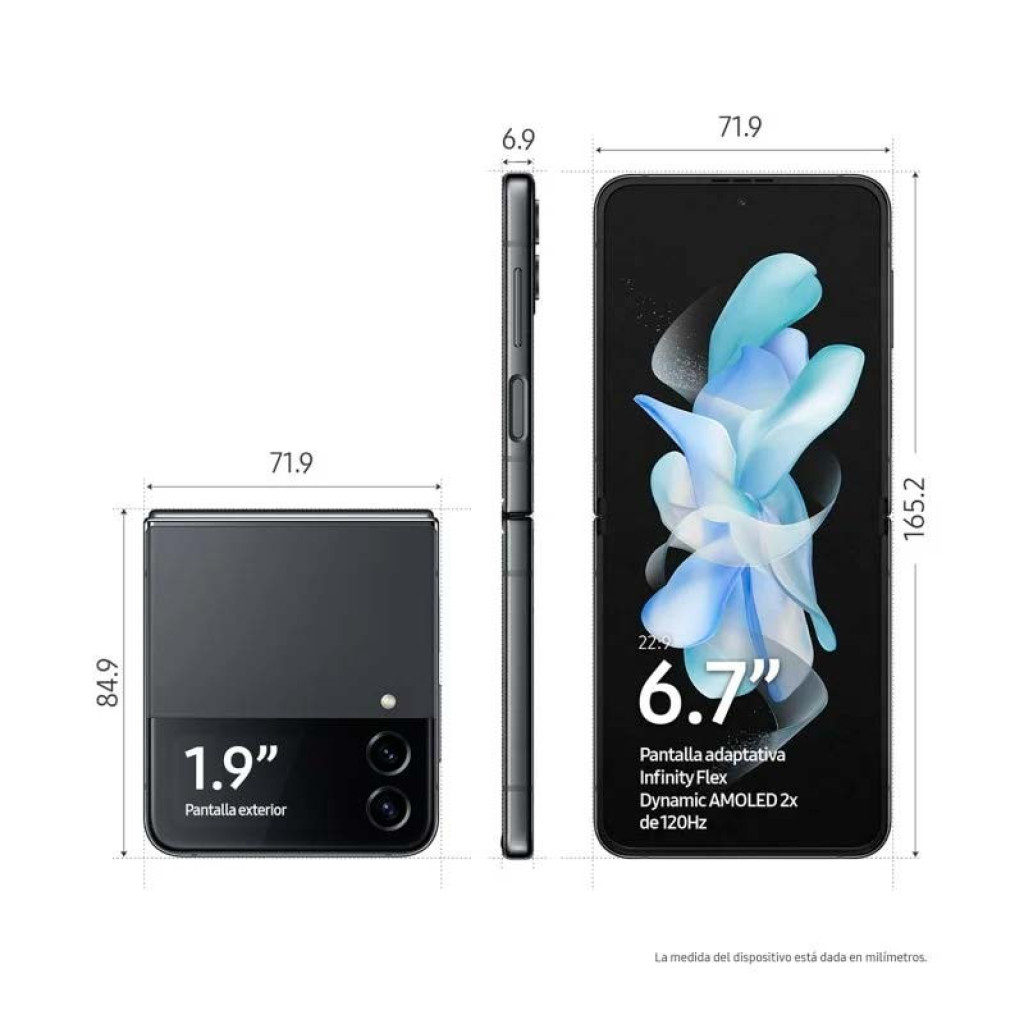 Smartphone plegable negro con dos pantallas: exterior 1.9 pulg y principal 6.7 pulg AMOLED 120 Hz, doble cámara trasera vertical, bordes finos y diseño