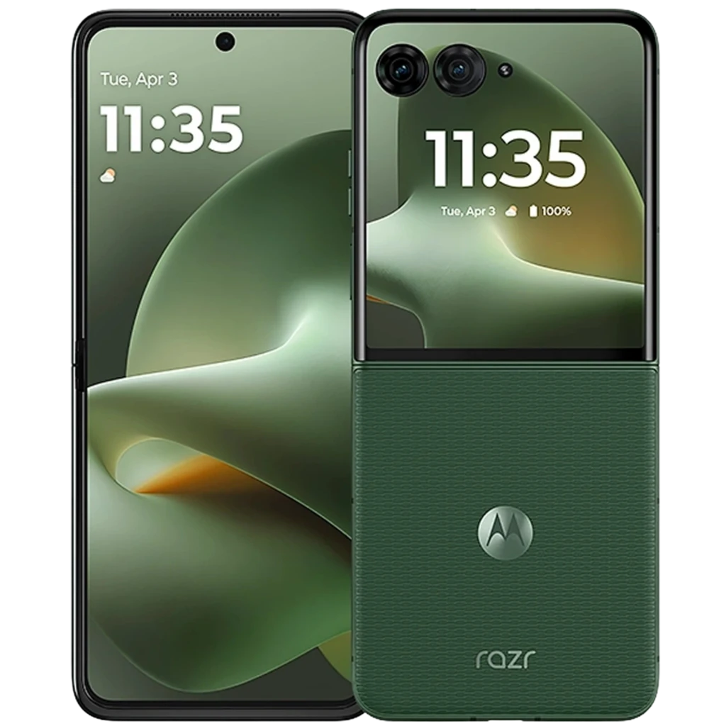 Motorola Razr 70 Plus 5G plegable, pantalla 6,9 AMOLED LTPO, doble cámara trasera, acabado verde Mountain View con textura y logo Motorola en tapa