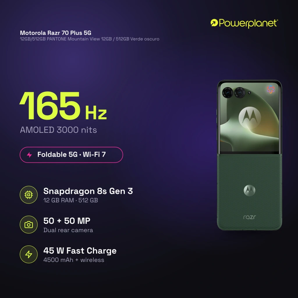 Motorola Razr 70 Plus 5G plegable, pantalla AMOLED LTPO 6,9" 165 Hz, módulo de cámaras dual trasero, acabado Mountain View verde y logo Razr visible
