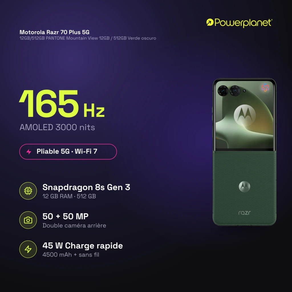 Motorola Razr 70 Plus 5G plegable con pantalla AMOLED LTPO 6,9 pulgadas 165 Hz, doble cámara 50 MP, acabado Mountain View y módulo trasero bicolor