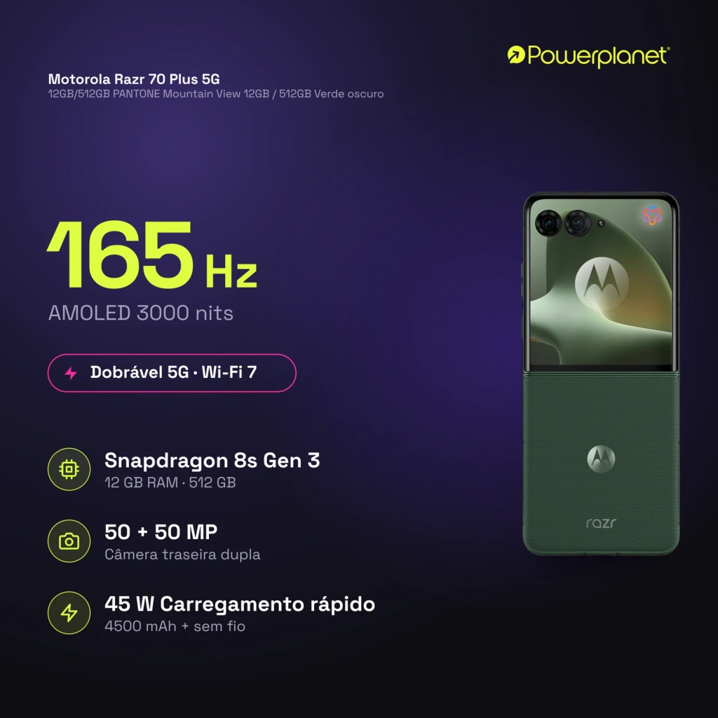 Motorola Razr 70 Plus 5G plegable en color Mountain View con pantalla AMOLED LTPO 6,9 pulgadas 165 Hz y módulo trasero dual de 50 MP con flash