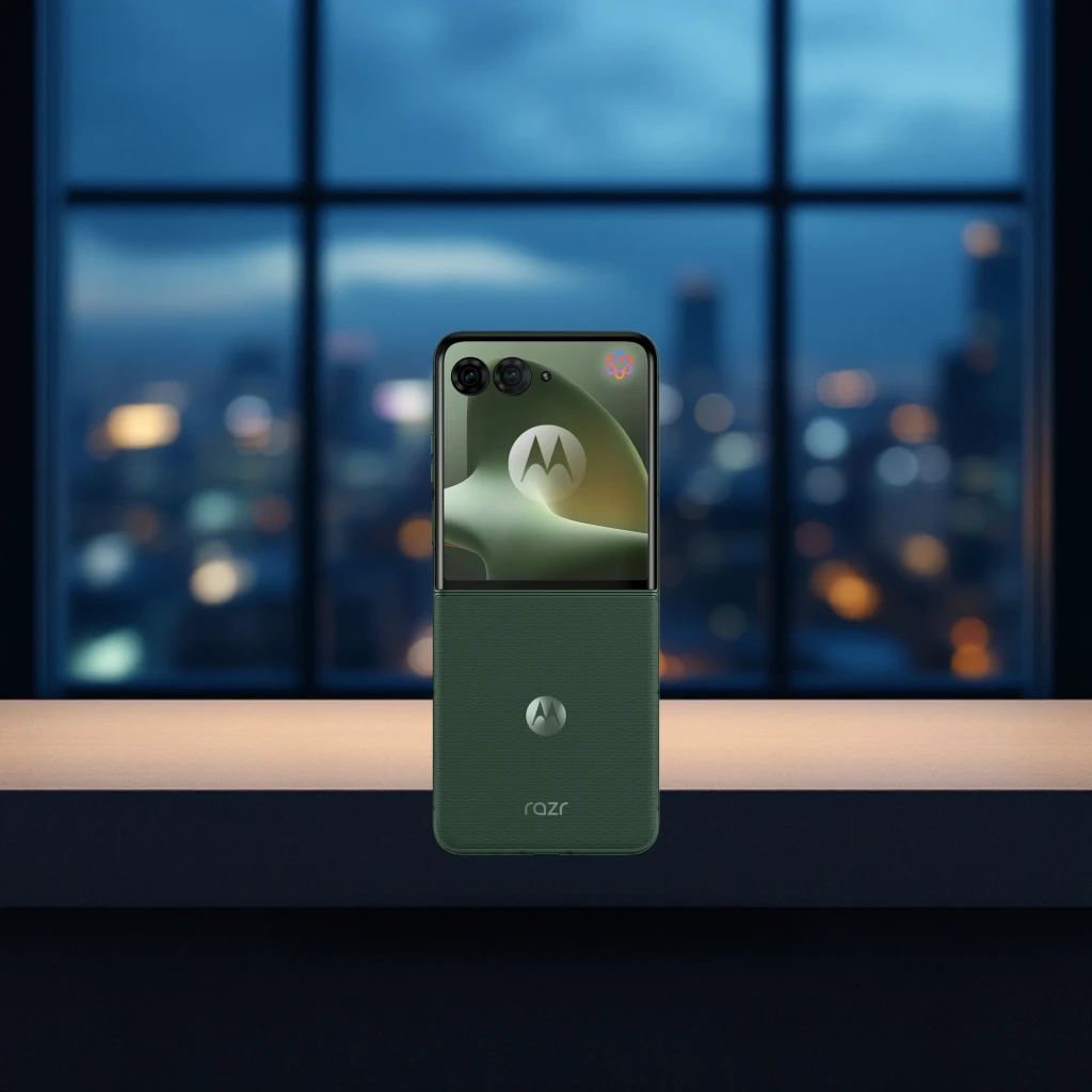 Motorola Razr 70 Plus 5G plegable en color verde Mountain View con pantalla externa amplia, doble cámara trasera y acabado texturizado elegante