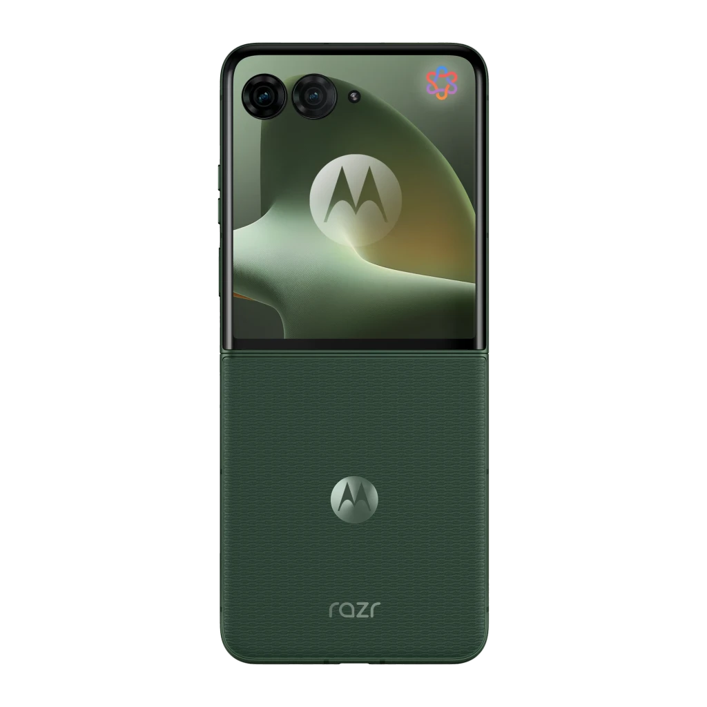 Motorola Razr 70 Plus 5G plegable en verde Mountain View, doble cámara trasera, pantalla externa cuadrada, acabado texturizado y logotipo Motorola destacado