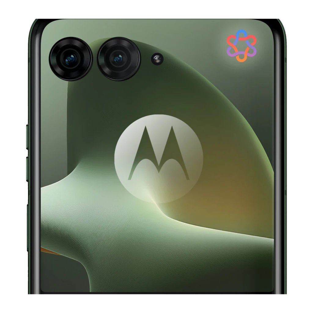 Parte trasera del Motorola Razr 70 Plus 5G en color Mountain View con doble cámara, logo M centrado y acabado verde mate con curvas suaves