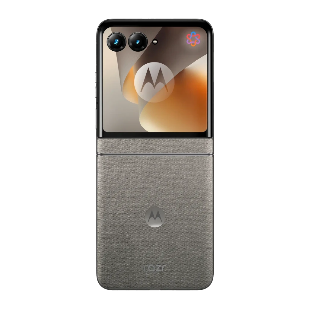 Motorola Razr 70 5G Hematite plegable con pantalla externa, doble cámara trasera, acabado texturizado gris y logo Motorola centrado en ambas mitades