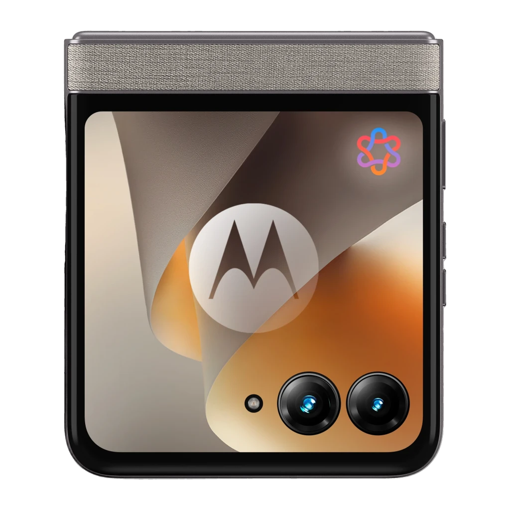 Frontal plegado del Motorola Razr 70 5G Hematite con pantalla externa cuadrada activa y dos cámaras traseras horizontales con flash en módulo brillante