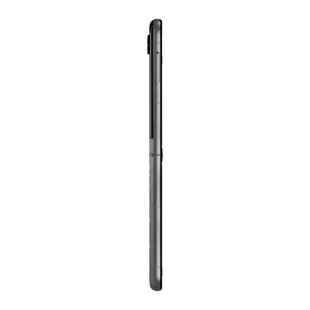 Lateral del Motorola Razr 70 5G en color Hematite, diseño plegable ultradelgado con bisagra central y acabado mate texturizado en el borde inferior