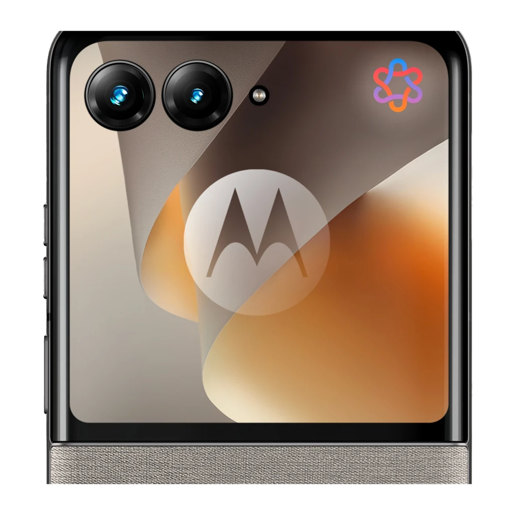 Tapa frontal del Motorola Razr 70 5G en color Hematite con doble cámara externa, flash y pantalla secundaria reflectante con logo M, borde inferior texturizado