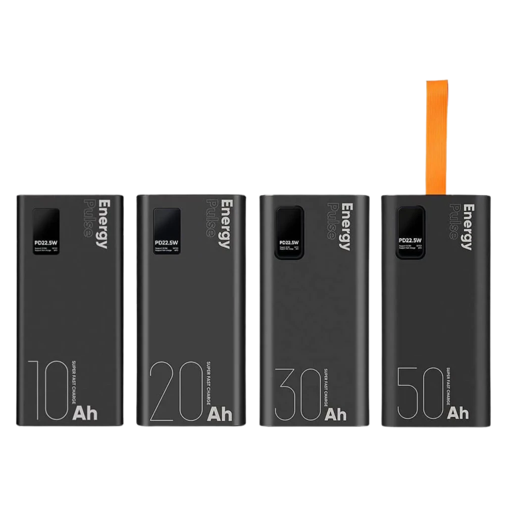 OBAL:ME EnergyPulse Power Bank negro, 30000mAh, salida 22.5W USB-C, cuerpo mate con pantalla de carga y correa naranja desplegable, diseño marcado 10,20,30,50