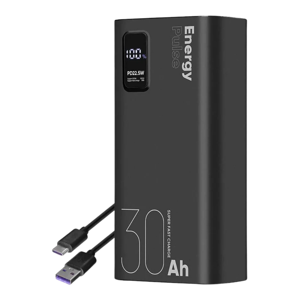 Power bank OBAL:ME EnergyPulse 30000 mAh negro, cuerpo compacto mate, pantalla LED con porcentaje, salida 22.5W, puerto USB-C y cable USB incluido
