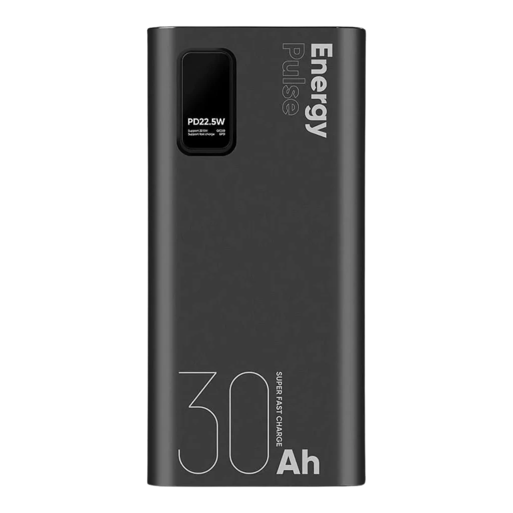 OBAL:ME EnergyPulse Power Bank 30000mAh 22.5W USB-C en negro mate, cuerpo rectangular delgado con tipografía grande 30 Ah y módulo superior con indicador