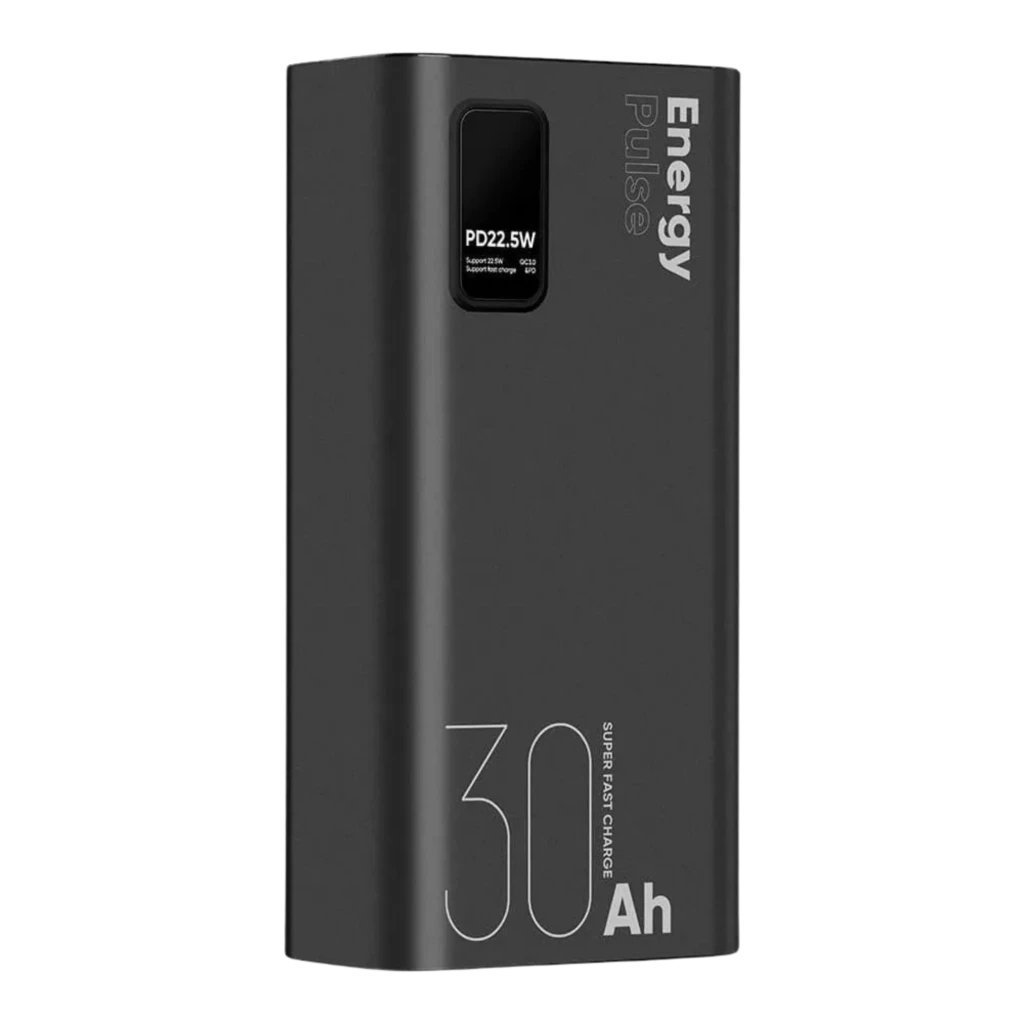 OBAL:ME EnergyPulse Power Bank 30000mAh 22.5W USB-C negro, cuerpo mate compacto, display PD 22.5W, tipografía grande 30 Ah en el frontal
