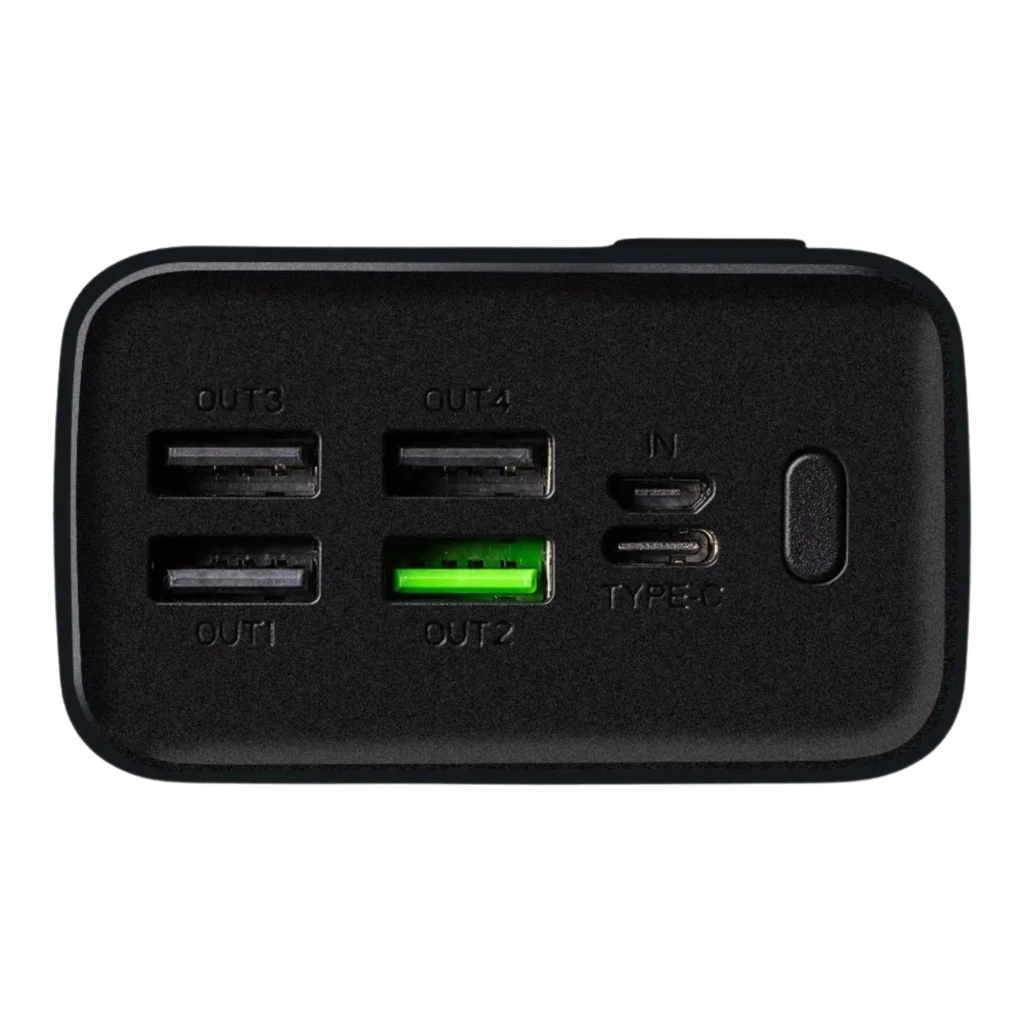 OBAL:ME EnergyPulse Power Bank 30000mAh 22.5W USB-C negro con 3 puertos USB-A, 1 USB-A verde de carga rápida, puerto USB-C y botón indicador en panel frontal
