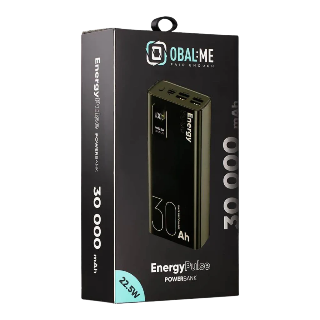 Power bank negro OBAL:ME EnergyPulse 30000mAh con indicador PD 22.5W, cuerpo mate rectangular, tipografía grande 30Ah y detalles Energy Pulse en gris