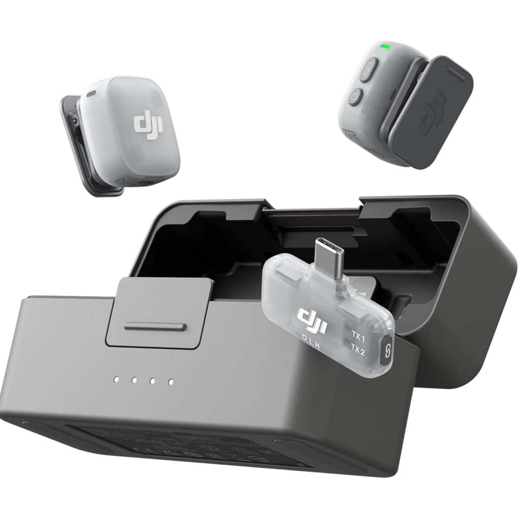 Kit DJI Mic Mini 2 com dois transmissores clip cinza, receptor móvel USB‑C transparente e estojo de carga magnético compacto com LEDs indicadores