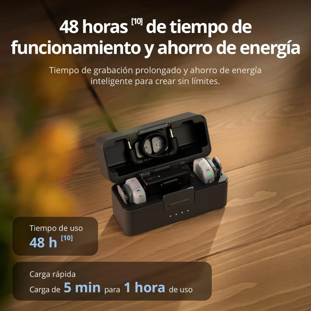 DJI Mic Mini 2 1 TX + 1 RX con estuche de carga negro; micrófono y receptor compactos, leds de estado, base magnética y hasta 48 h de uso con carga rápida