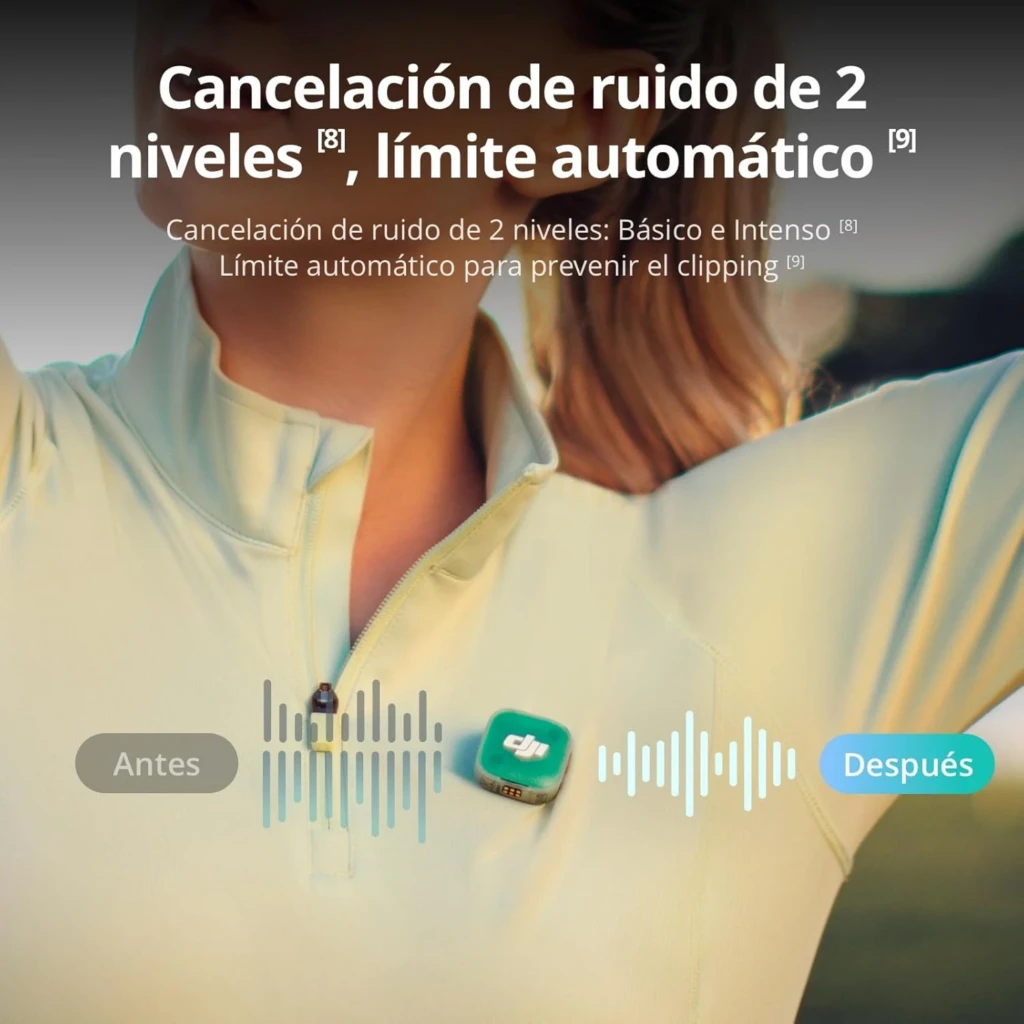 DJI Mic Mini 2 micrófono inalámbrico con cancelación de ruido de dos niveles, clip verde con logo DJI en prenda, compacto y pensado para voz clara