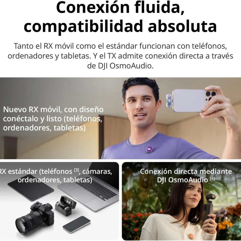 DJI Mic Mini 2 1 TX + 1 RX: transmisor con clip morado y receptor compacto. Conexión directa a móviles y cámaras, diseño portátil y fácil de usar.