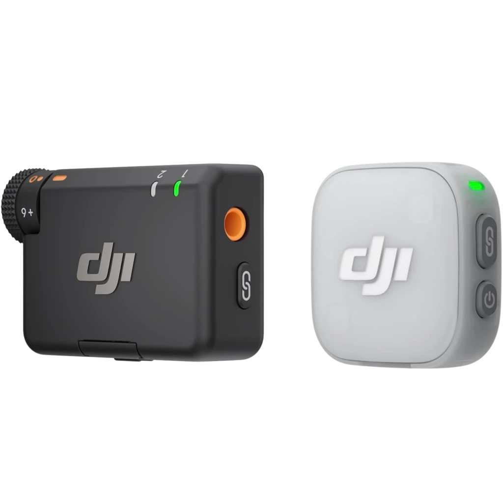 DJI Mic Mini 2 1 TX + 1 RX micrófono inalámbrico compacto en negro y blanco, con indicadores LED verdes, botones laterales y diseño portátil para