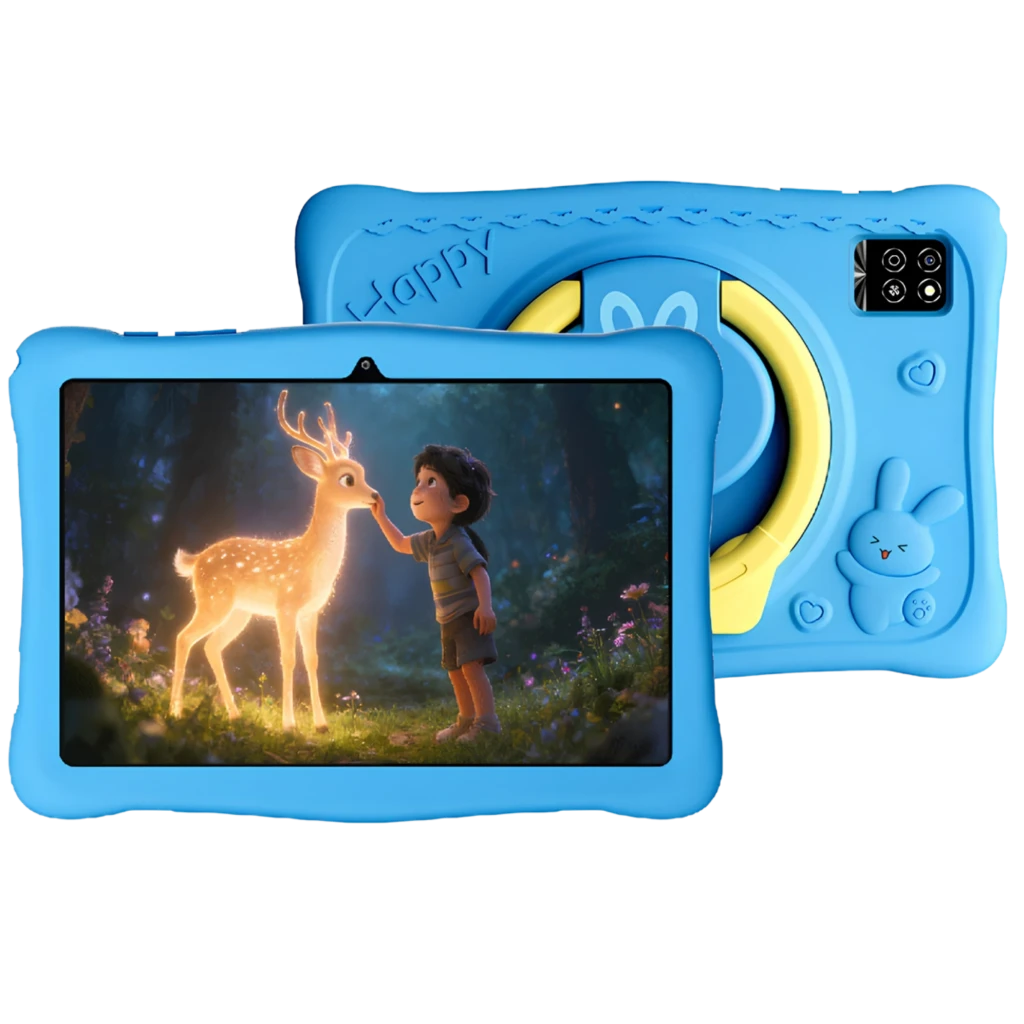Tablet infantil azul con funda de silicona, asa y soporte giratorio, diseño de conejito. Pantalla 10.1, cámara trasera múltiple y frontal para video.