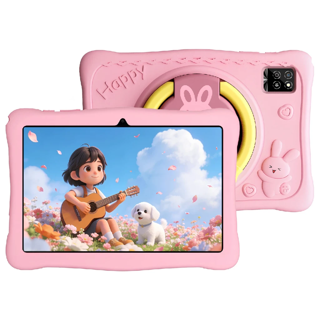 Tablet infantil rosa 10.1 pulgadas con funda suave anticaídas, asa trasera con orejas de conejo, cámara dual y pantalla con contenido animado infantil