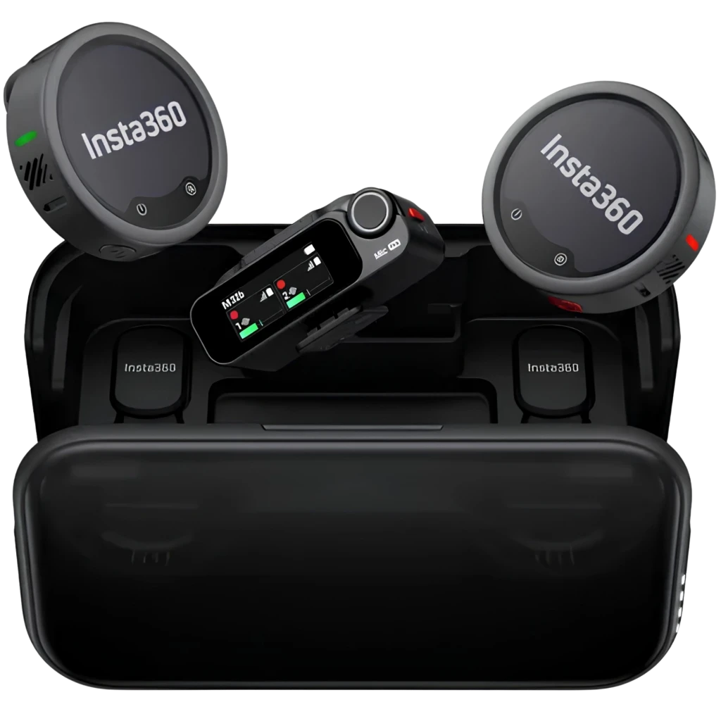 Insta360 Mic Pro avec 2 émetteurs ronds et 1 récepteur écran OLED, boîtier de charge compact, design noir, clips magnétiques et voyants LED
