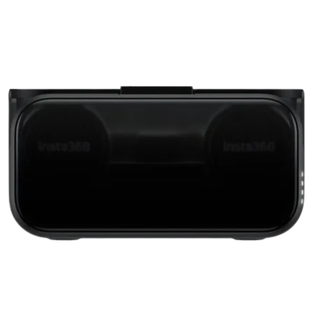 Estuche de carga negro brillante con tapa magnética para Insta360 Mic Pro, diseño compacto con indicadores LED laterales y bordes redondeados