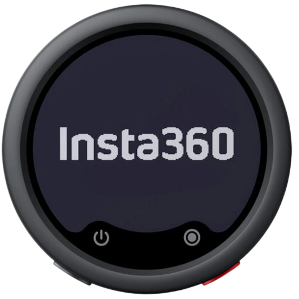 Transmisor Insta360 Mic Pro MC110 en negro grafito, diseño circular compacto con pantalla frontal, botón de encendido y control, acabado mate elegante
