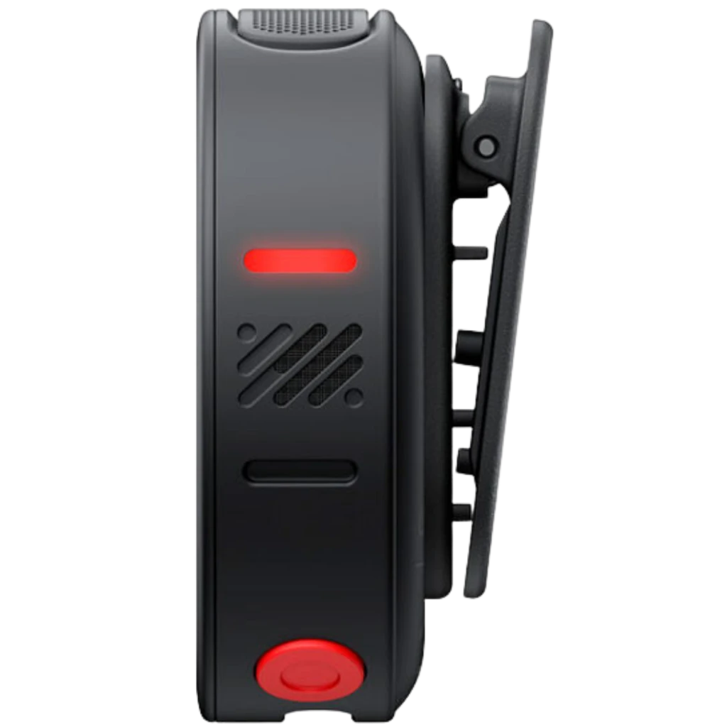 Transmisor Insta360 Mic Pro MC110 en negro grafito con clip lateral, rejilla de micrófono omnidireccional, luz LED roja y botón inferior compacto