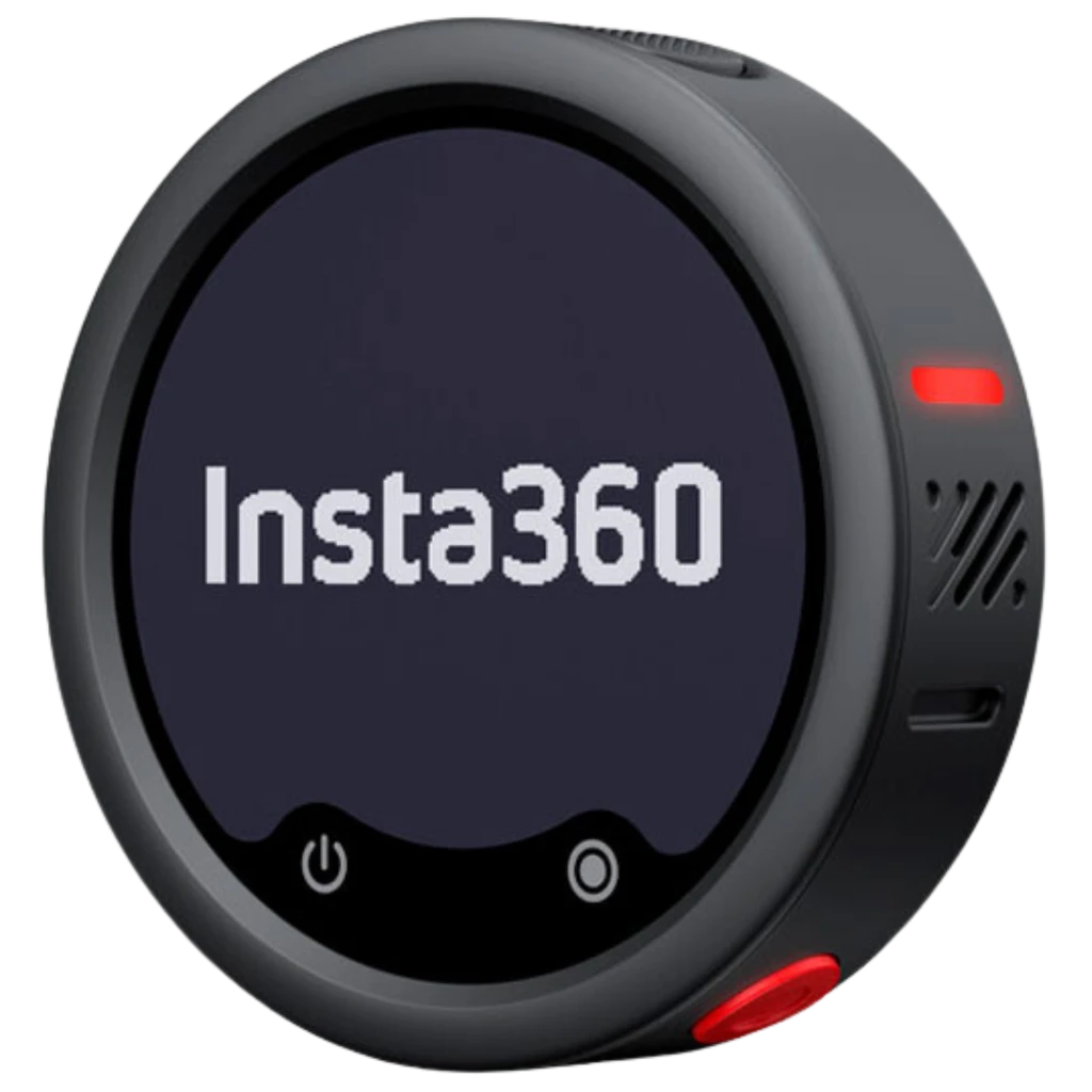 Émetteur rond noir graphite avec écran Insta360, voyants LED rouges, bouton d’alimentation et évents latéraux; design compact pour micro sans fil