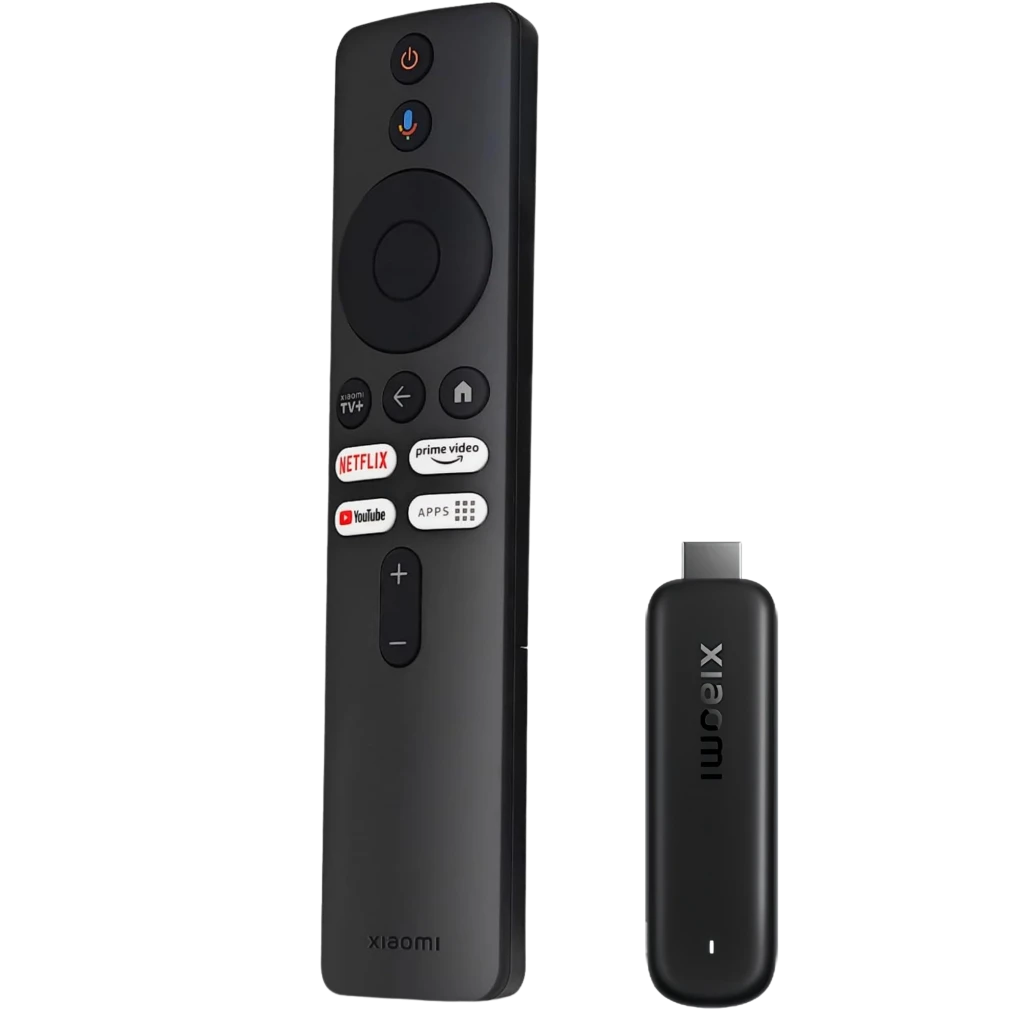 Xiaomi TV Stick HD 2nd Gen con control remoto negro, botones dedicados a Netflix Prime Video YouTube, Google TV, HDR y puerto HDMI compacto con logo Xiaomi