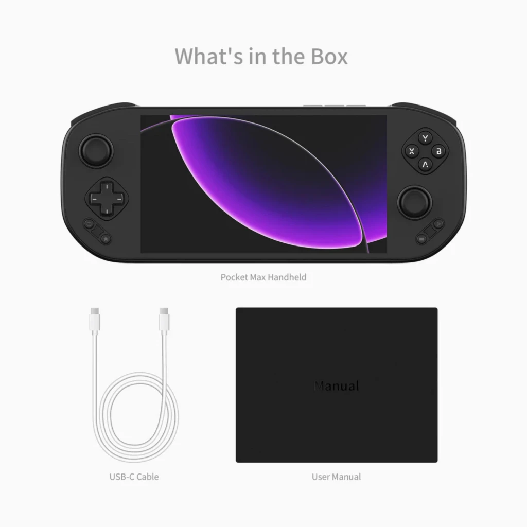 Mangmi Pocket Max 7" AMOLED negro, consola portátil con joysticks, cruceta y botones frontales. Incluye cable USB-C y manual. 8GB RAM, 128GB almacenamiento.