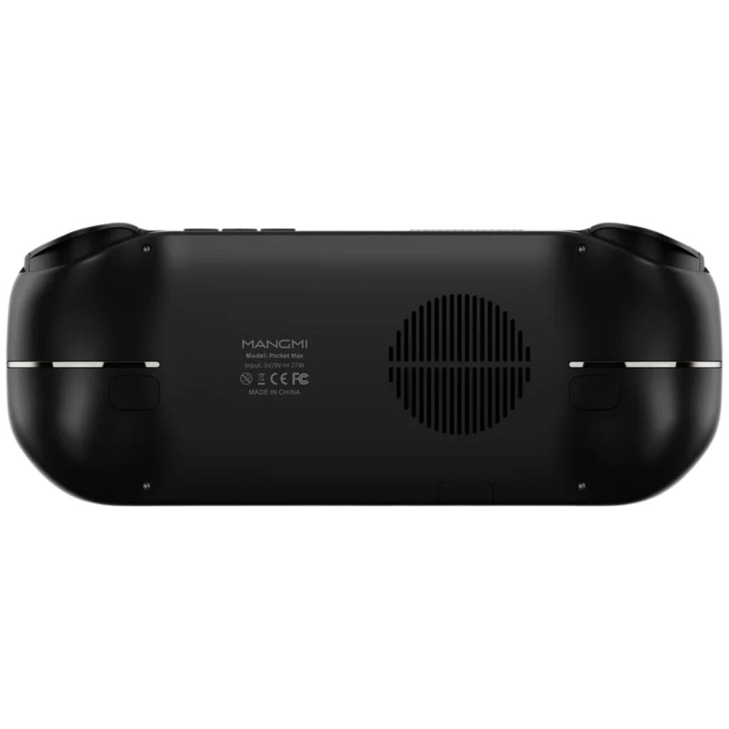 Mangmi Pocket Max 7 AMOLED 8GB 128GB en negro, vista trasera: carcasa mate, rejilla central de ventilación, curvas ergonómicas y puertos laterales
