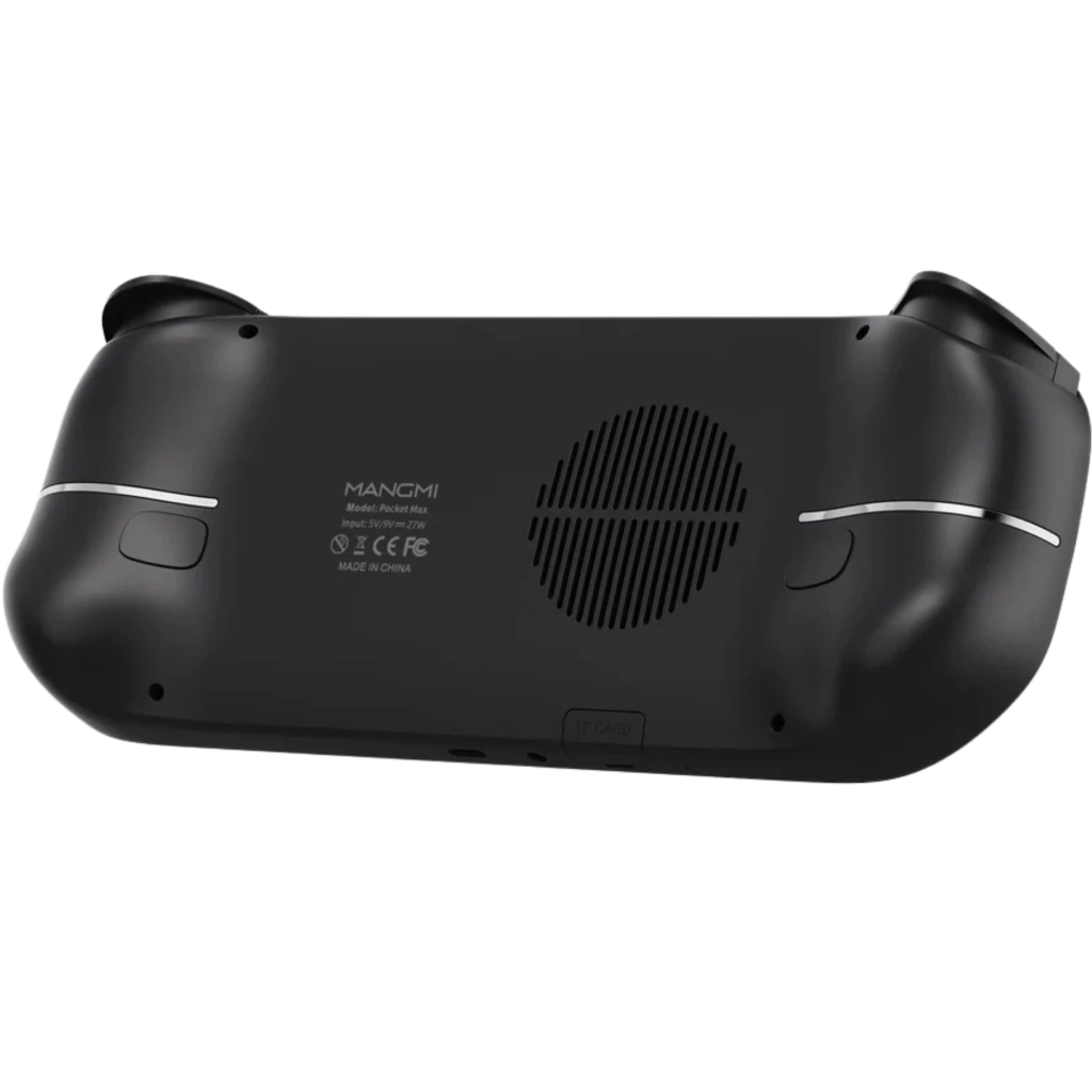 Mangmi Pocket Max 7 AMOLED 8GB 128GB Negro, vista trasera: carcasa curva mate, ventilación central amplia, gatillos ergonómicos y líneas plateadas