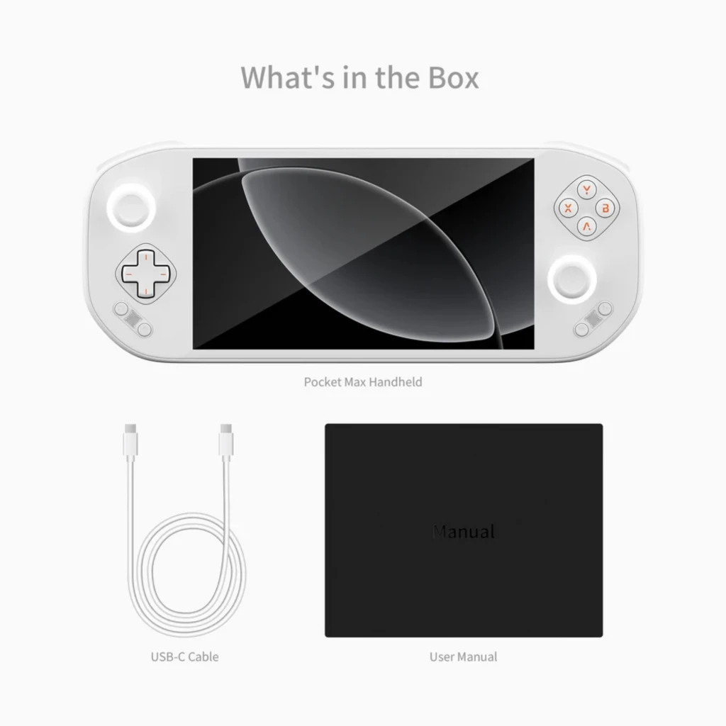 Mangmi Pocket Max 7" AMOLED blanco con joysticks duales, cruceta, botones A B X Y. Incluye cable USB-C y manual. Diseño portátil y bordes redondeados.