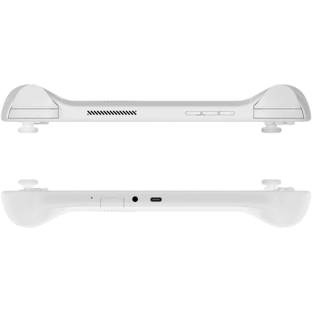 Mangmi Pocket Max 7 AMOLED 8GB 128GB blanco, vista lateral y superior con gatillos, joysticks simétricos, rejilla de ventilación, botones de volumen y puerto
