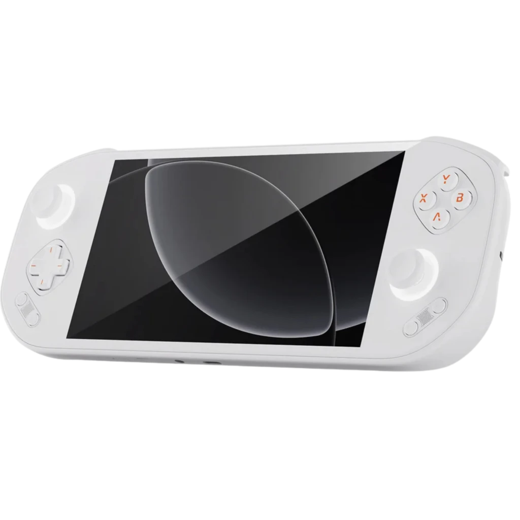 Mangmi Pocket Max 7 pulgadas AMOLED blanco con joysticks duales, cruceta, botones ABXY naranjas y altavoces frontales; diseño portátil y ergonómico