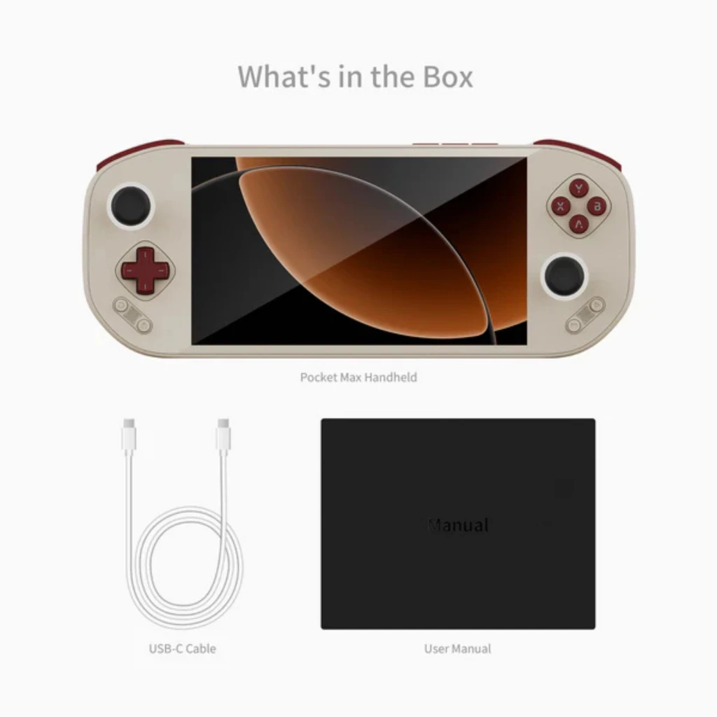 Mangmi Pocket Max 7 AMOLED con 8GB RAM y 128GB, consola portátil beige con botones rojos, incluye cable USB-C y manual de usuario