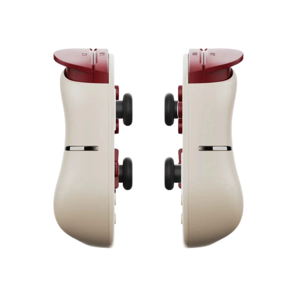 Mandos laterales Mangmi Pocket Max en crema con detalles rojos, joysticks negros y botones frontales; diseño ergonómico y ranura central para acople