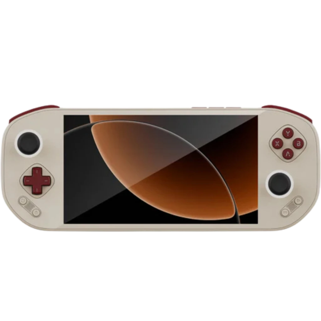 Mangmi Pocket Max 7 AMOLED portátil bege com tela ampla, botões D-pad e ação em vermelho, dois analógicos, alto-falantes frontais e design retrô