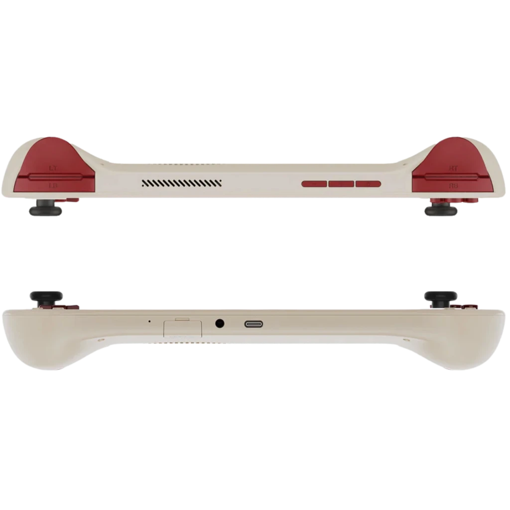 Mangmi Pocket Max 7 AMOLED 8GB 128GB Retro en vista lateral: carcasa crema, gatillos y botones rojos, joystick asimétrico, rejilla de ventilación y puerto